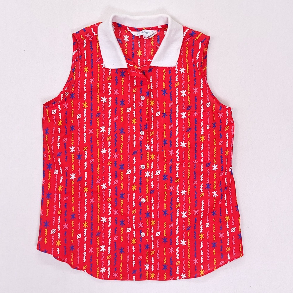 Vintage Favorites Red Novelty Print Sleeveless Button Up Top‎ Made in USA Large